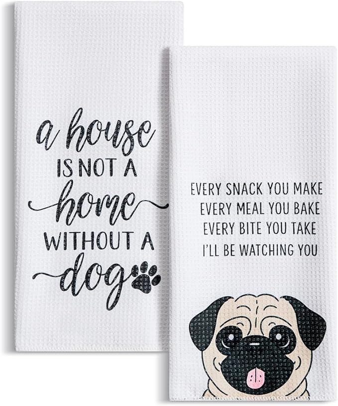 Set of 2 Waffle Weave Kitchen Towels, 380 GSM Absorbent Quick-Dry Microfiber Dish Towels, Funny Dog Tea Towels, 18 x 30 Inches, Gift for Dog Lovers, Kitchen Decor