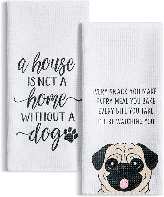 Set of 2 Waffle Weave Kitchen Towels, 380 GSM Absorbent Quick-Dry Microfiber Dish Towels, Funny Dog Tea Towels, 18 x 30 Inches, Gift for Dog Lovers, Kitchen Decor