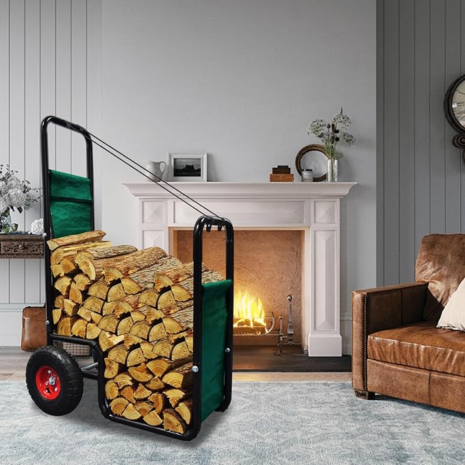 Doublehorse Firewood Cart 27x20x44in Steel Pneumatic Wheels Green | Heavy Duty Metal Waterproof Portable Storage Rack for Outdoor Camping Backyard Fireplace Indoor Use