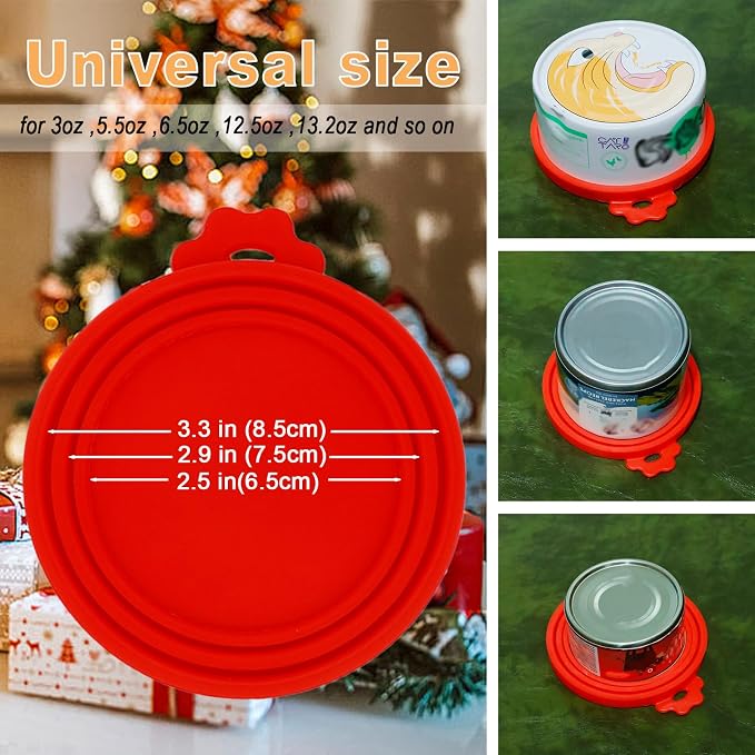 SJANE Cat Food Can Spoons & Lids | 4 Pcs Christmas Style Gifts | Multi-Function Tin Opener | Silicone Pet Food Can Covers | Stainless Steel Wet Foodstuff Spoon for Cats and Dogs(Christmas Red)