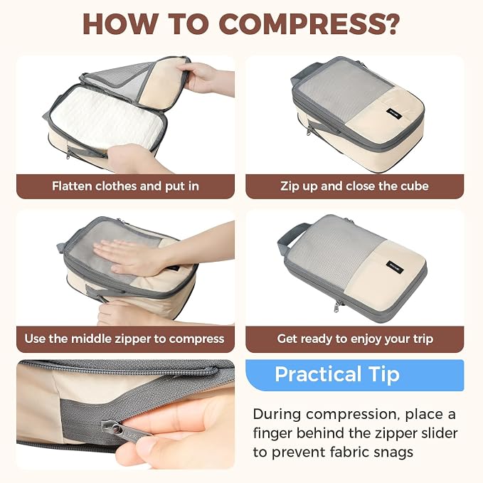 BAGAIL Lightweight Compression Packing Cubes for Travel, 6 Set, Beige | Salis Nylon Fabric,Anti-Tearing,Save Space,SBS Zippers,Packing List,PVC Tag Pocket,Custom Labels,Visible Mesh,Portable Handel