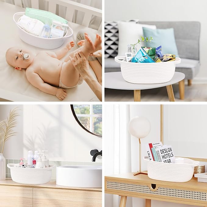 Gift Basket Empty with Handles, 12x8x5 inch - Small Cute Woven Rope Basket for Baby Nursery, Kids Toys - With Gift Bag & Ribbon, Perfect for Wedding, Birthday Gifting (Cream White, 1PC)