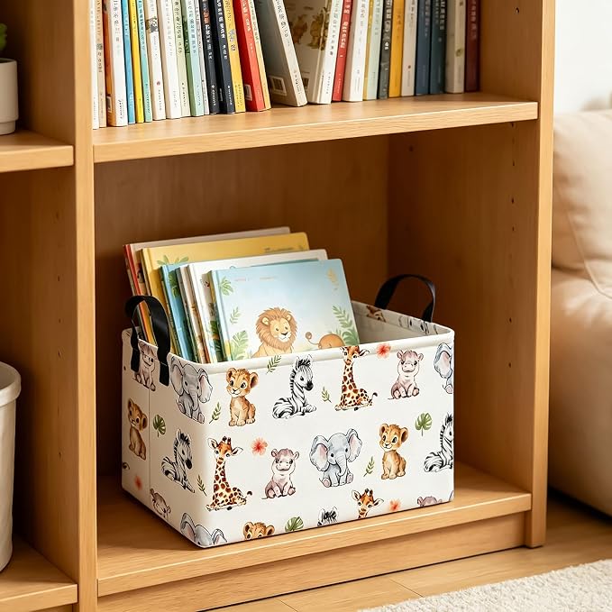 Rectangular Safari Animal Storage Bin, Fabric Closet Organizer Basket | Reinforced side grips, foldable container arranges wardrobe and bedroom daily belongings
