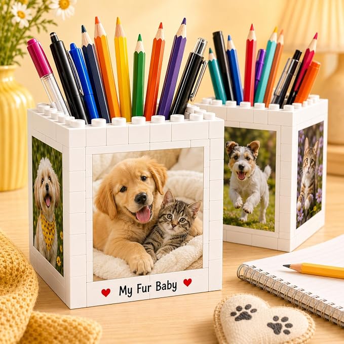Custom Photo Building Blocks Pen Holder for Desk, 2-in-1 Personalized Photo Block Puzzle Pencil Pot with 4-Side Image Text, Detachable Building Brick Picture Frame