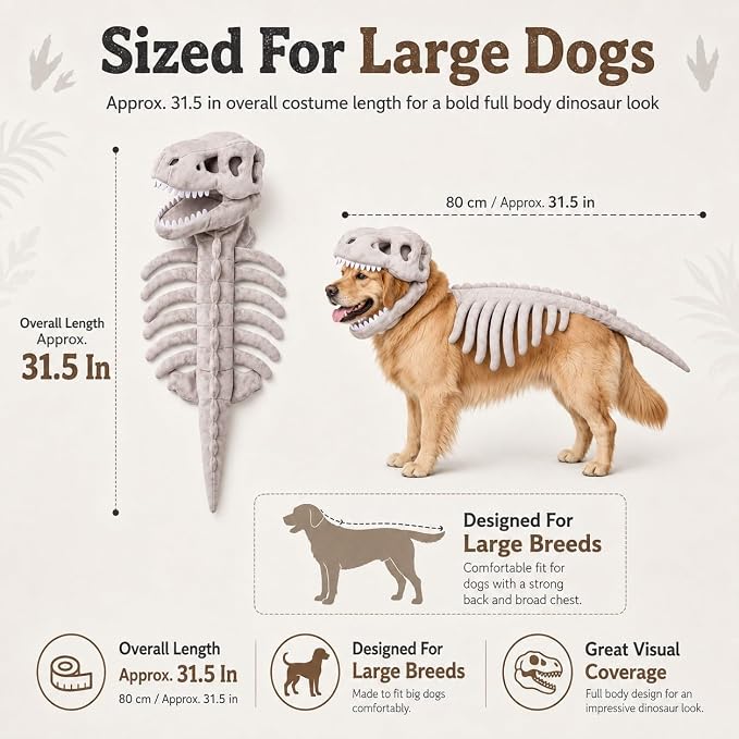 Pet Dinosaur Costume Spinosaurus Skeleton Skull Mask Plush Spine Large Dogs | Soft Lightweight Headpiece with Raised Back Ridge and Tail Suited to Halloween Cosplay Parties Photos Birthdays Large Breeds