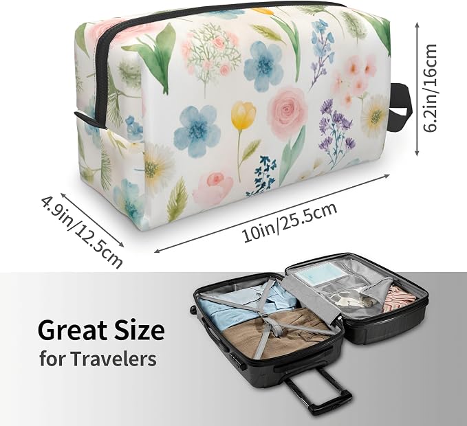 Watercolor Floral Makeup Bag - Durable 600D Oxford Fabric Travel Cosmetic Bag, Shockproof Foam Padded Toiletry Organizer for Gym & Daily Use 10x6.2x4.9 Inch