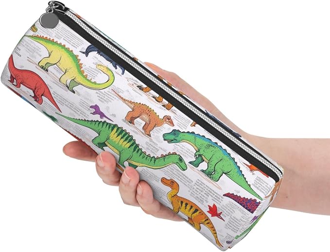 OSAM SPACE Leather Pencil Case Round Pencil Bag Dinosaurs in Various Pen Organizer Holder Portable Zipper Pouch Cute School Supplies for Girls Boys Study Office