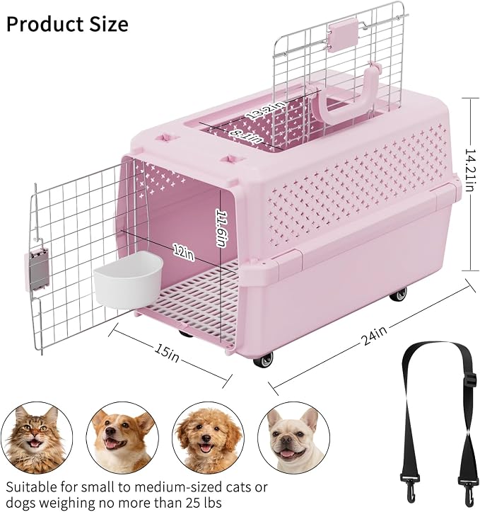 Hard-Sided Carrier: Opening Top Rolling Crate Ventilated 25 lbs | Smooth-Rolling Wheels & Pull Strap / Top Access Door / Spacious Interior / 360° Ventilation / Includes Feeding Bowl