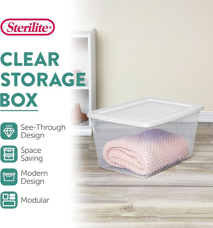 Sterilite Clear Storage Box Stackable Tote, 58 Quart, 18-Pack | Clear Plastic Container with Secure Snapping Lids for Home and Office Organization, White