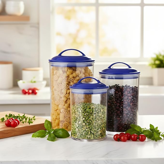 Food Storage Containers, BPA Free Airtight Canisters for Cereal, Pasta, Sugar, Coffee, Flour, Cookies, Loose Tea, for Kitchen Organization, Set of 3 by Reston Lloyd, Indigo