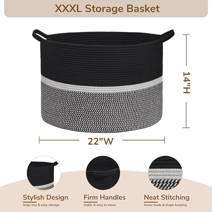 CHICVITA Extra Large Woven Rope Blanket Basket with Handles, Black | Laundry basket for towels, clothes, toys, pillows. For living room, family room, 22x22x14 inches