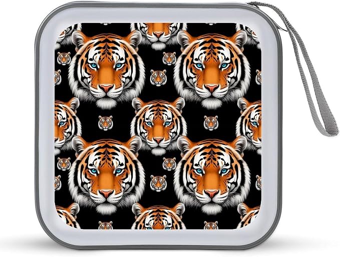 Protective 40-Capacity CD Organizer White Tiger, Hard Case Storage Binder with Zipper, Portable Wallet for Car Home Office