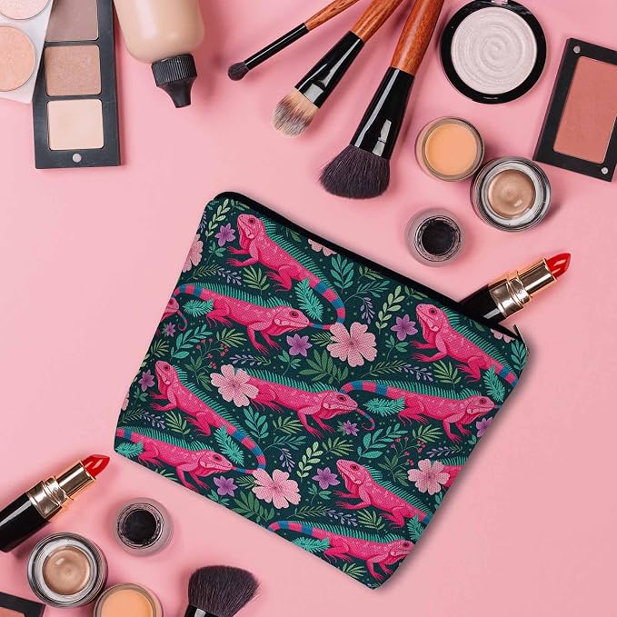 Lizard Cosmetic Travel Bag For Toiletries, Tropical Animal Floral Lizard Makeup Bag Toiletry Bags For Women, Flax Cosmetic Bags Make Up Bag Purse Toiletries Bag Birthday Gift