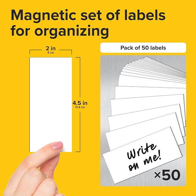 X-bet MAGNET Dry Erase Magnetic Labels, 2x4.5 (5x11cm), 50 pcs, White | Reusable Write-On Magnet Stickers for Fridge, Whiteboard & Classroom, Erasable Blank Labels & Sticky Notes