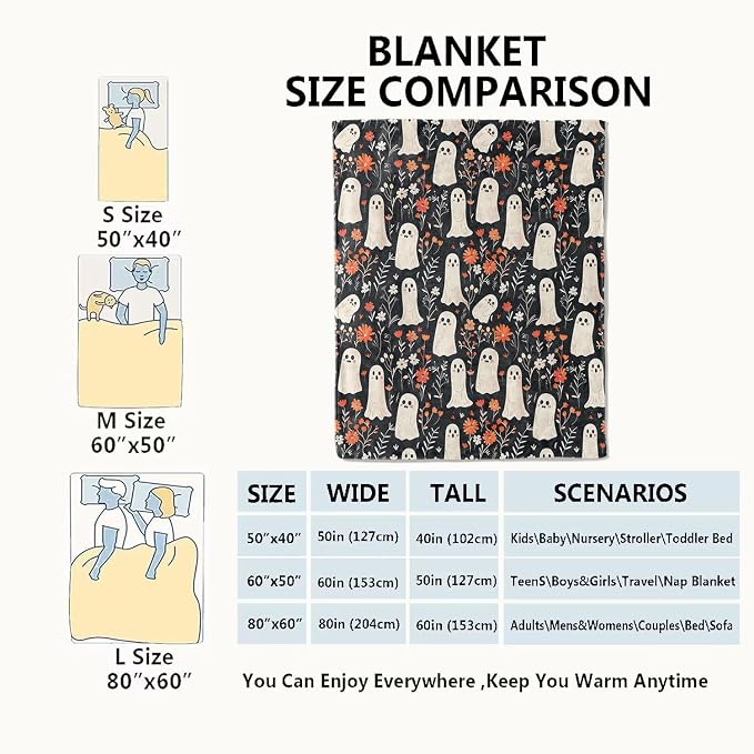 Spooky Ghost Blanket Cute Floral Autumn Flowers Throw Blankets Gifts for Kids Lightweight Soft Fleece Cozy for Sofa Couch Bed Room Travel Birthday Halloween Decor 60x80in