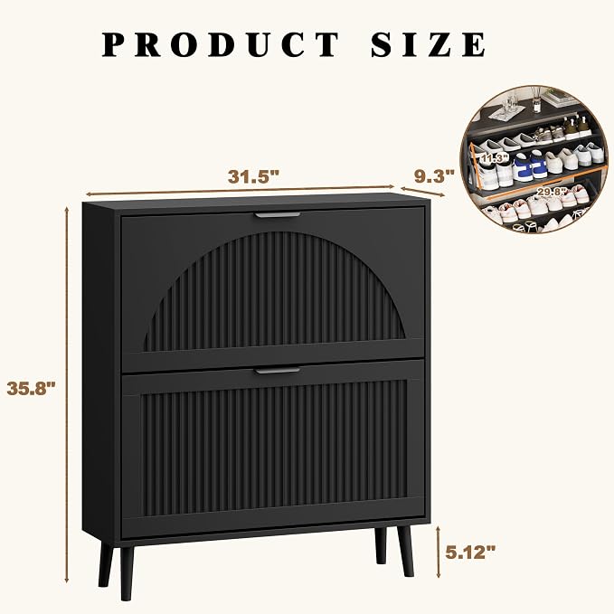 Shoe Storage Cabinet with 2 Flip Drawers, Narrow Wood Shoe Organizer Cabinet with Fluted Panel, Slim Shoe Rack for Entryway, Freestanding Shoe Cabinet for Living Room, Hallway, Black