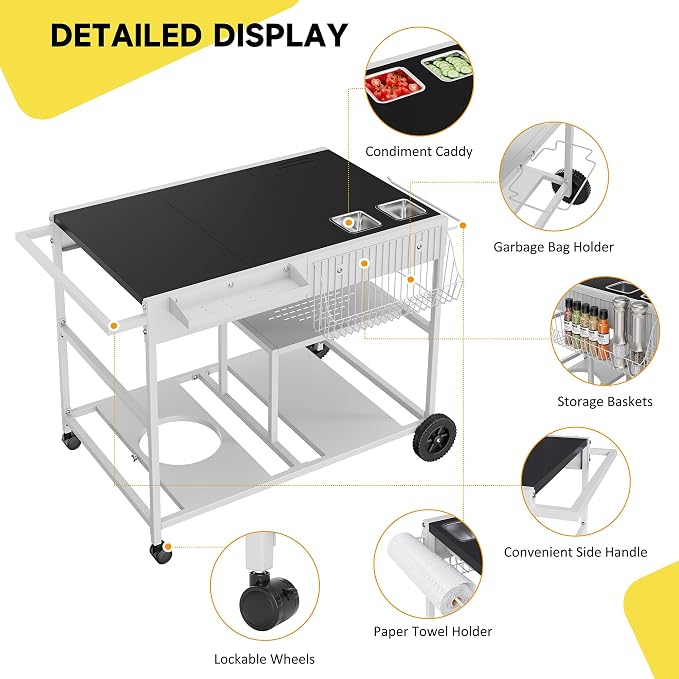 JY QAQA 54" Rolling Kitchen Prep Cart with Storage Basket & Shelves, Portable Kitchen Island Table with Wheels, Multi-Tier Metal Kitchen Workstation with Black Countertop for Food Prep & Organization