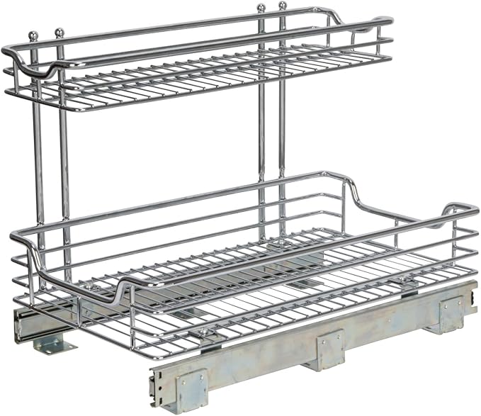 Household Essentials Glidez 2‑Tier Large Multipurpose Chrome‑Plated Steel Pull‑Out/Slide‑Out Under Sink Organizer, Chrome Finish