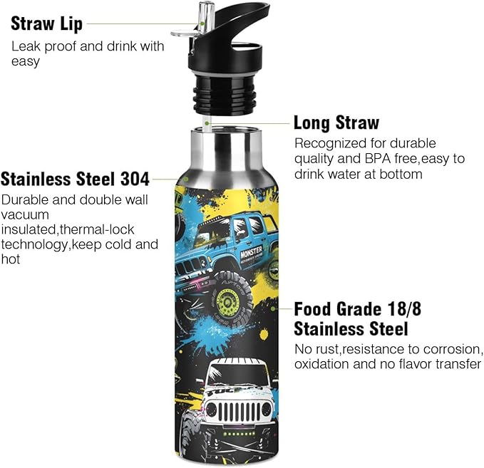Trucks Water Bottle with Straw Lid Kids Insulated Stainless Steel Water Flask Sports, 20 Oz Hot Cold