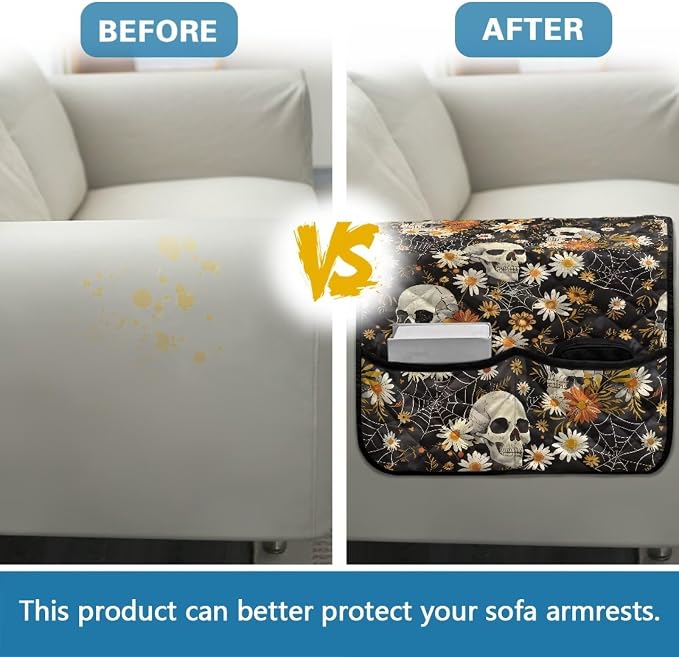 Skull Daisy Stretch Armrest Cover Couch Arm Covers Washable Sofa Chair Arm Covers with 2 Pockets Furniture Protector Armchair Slipcovers for Recliner Home Decor Sofa Arms Rest Cover