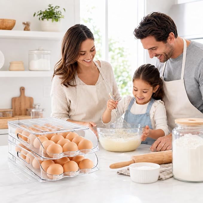 SMRCAD 36-Egg Dispenser with Silicone Bumpers, Auto-Rolling, Stackable | BPA-free food-grade PET | Stackable with lid | Built-in handle | 11.92"L x 8.85"W x 5.4"H | Hand wash only