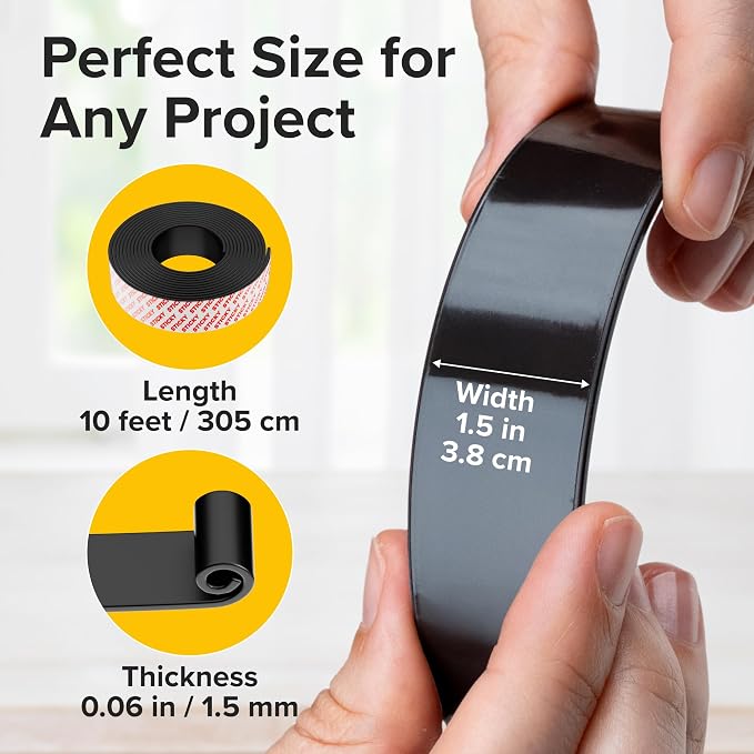 Super Sticky Magnetic Tape for DIY & Crafts, 10ft x 1.5in (3m x 3.8cm) | Strong Magnet Strip, Adhesive Backing, Easy to Cut & Mount, For Fridges, Whiteboards & More
