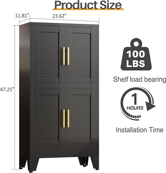 47” Black Metal Bathroom Storage Cabinet, Kitchen Pantry Cabinet | Steel Storage Cabinet with Doors and 3 Adjustable Shelves, Bathroom cabinets Organizer, for Home Office, Bedroom