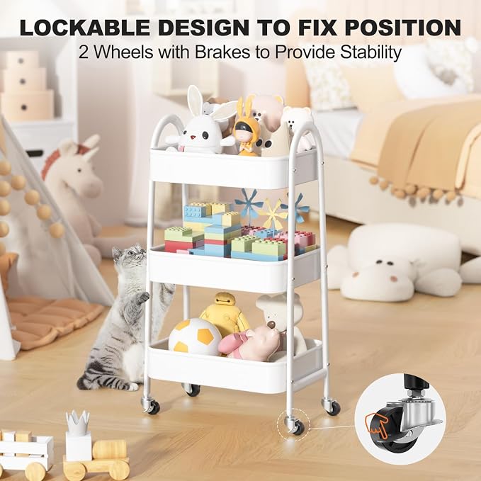 3 Tier Rolling Cart Under Desk, Large Metal Storage Cart with Handle and Lockable Wheels, Big Multifunctional Storage Organizer Trolley for Kitchen, Living Room, Office, Garage (White)