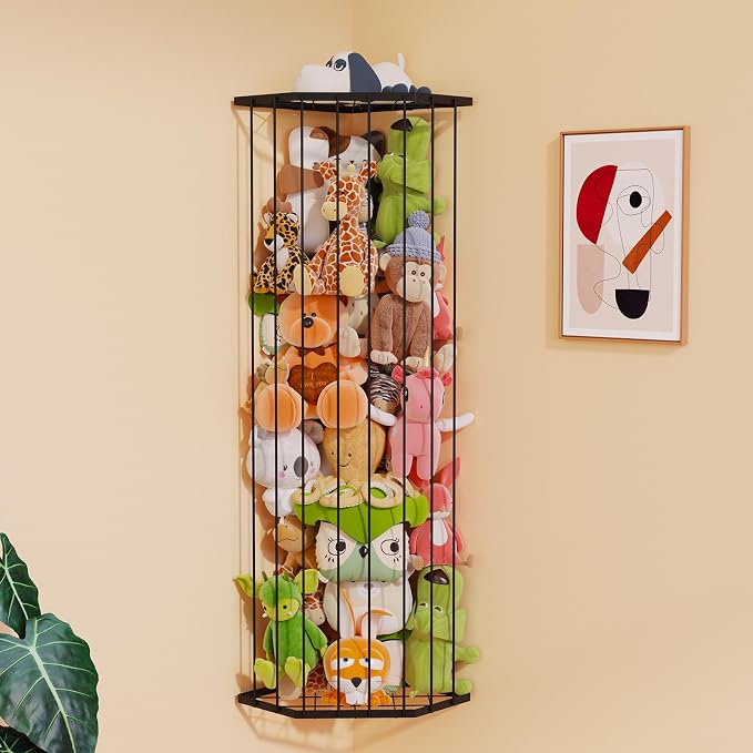 BBLlKE Stuffed Animal Storage Zoo - Corner Plush Toy Organizer Length Adjustable, Wall Hanging Stuffed Animal Net Holder for Nursery Playroom Bedroom Kids Room, Black
