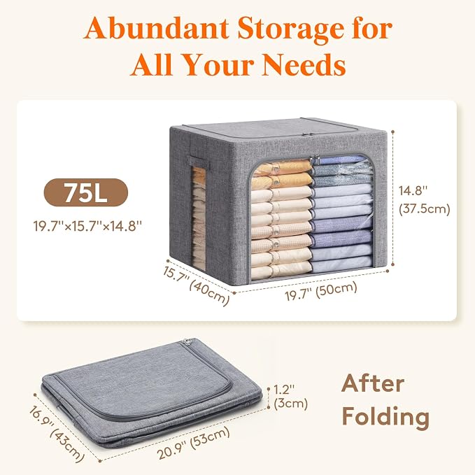 Lifewit Clothes Storage Bins with Metal Frame, Stackable Storage Box, Foldable Clothing Storage Bins with Lids, 75L Storage Bags Fabric Box Organizer with Clear Window＆ Zippers＆ Sturdy Handles 3 Pack