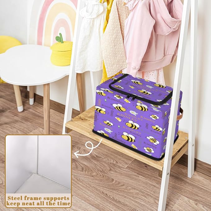 Custom Rectangle Storage Basket Zipper Lid, Personalized Name Medium Purple Organizer Bin for Pet/Children Toys, Books, Clothes, Perfect for Rooms/Playroom, Bee with Daisy Floral