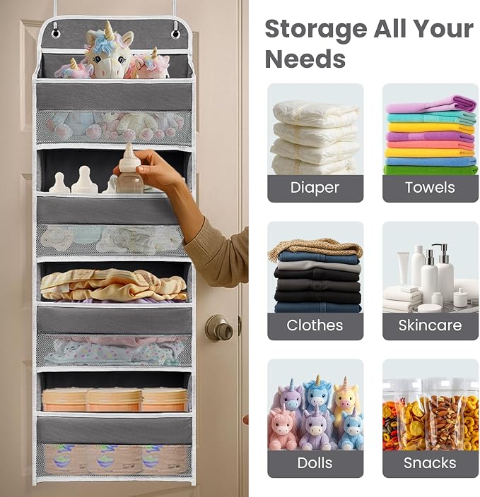 Over The Door Organizer 4 Shelves & 4 Side Pockets, Large Storage Rack | Anti-Tilt Hanging Door Storage for Closet, Heavy-Duty Mesh Shelf for Bathroom Closet Toy Organization Shoes Towels, Grey