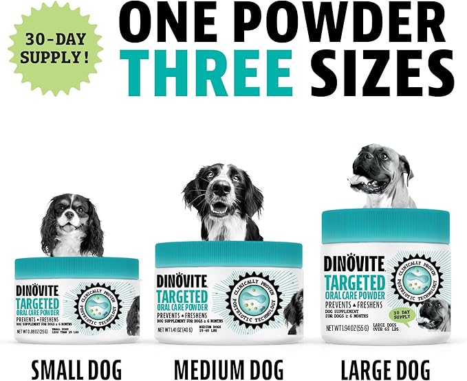 Dinovite Dog Dental Powder, Brush-Free Breath Freshener & Teeth Cleaning Dental Care Powder with Probiotics & Postbiotics, Oral Care Bad Breath Treatment, Small Dogs, Made in USA, 30 Day Supply
