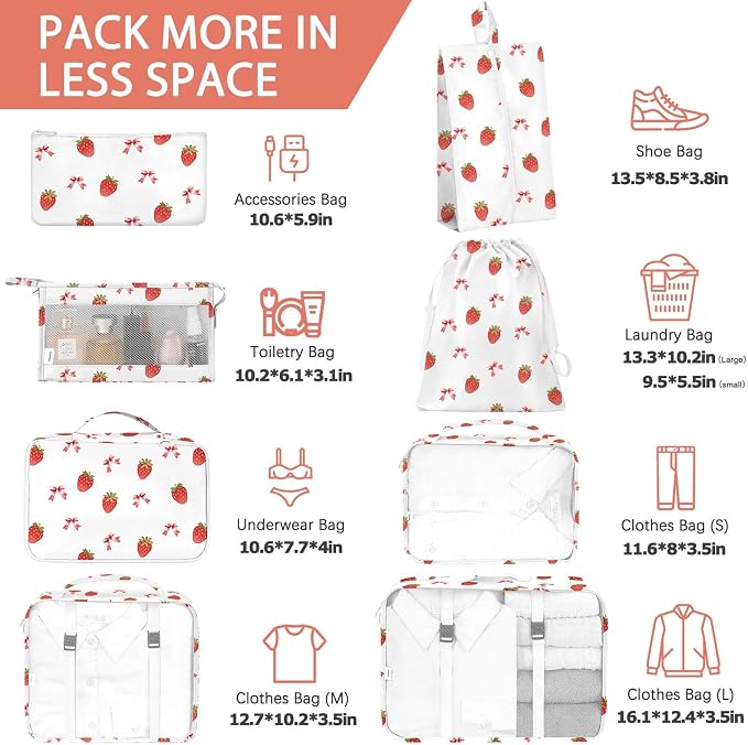 KPX 8 Set Packing Cubes for Travel, Luggage Packing Organizers Accessories Large Toiletries Bag for Clothes Shoes Cosmetics (Strawberry+Butterfly)