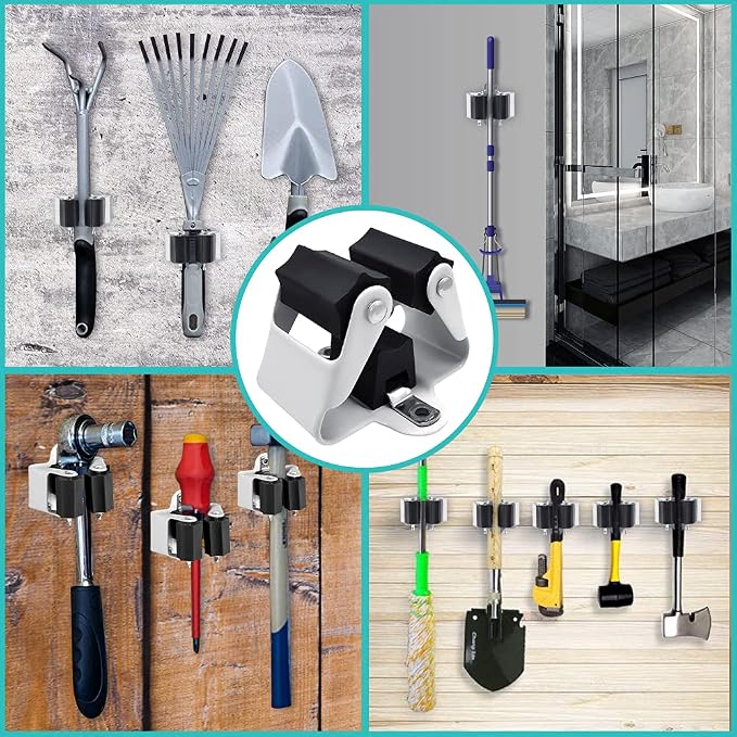 3-H Broom Holder Wall Mount 50 Pack, Heavy Duty Stainless Steel Mop and Broom Organizer Clips, Strong Grip Wall Mount Holders for Garage, Garden, Laundry Room & Utility Closet, Matte Black