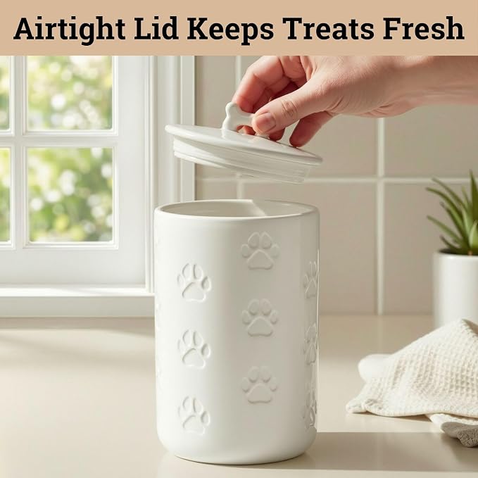 Dog Treat Container Airtight, 5"W x 9"H, Ceramic 7 Cups Big Treats Canister | Sturdy Durable Ceramic, Airtight Ceramic Lid, Fits All Popular Treats, Food Safe, Cute all-over Paw Prints and Bone Handle