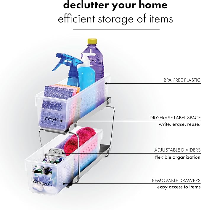 madesmart Mini 2-Tier Organizer, Multi-Purpose Slide-Out Storage with Handles and Dividers for Home and Bath, Frost | pull out bins, adjustable dividers, tiered access, cleaning supplies, under sink use, pantry bottles, woman owned