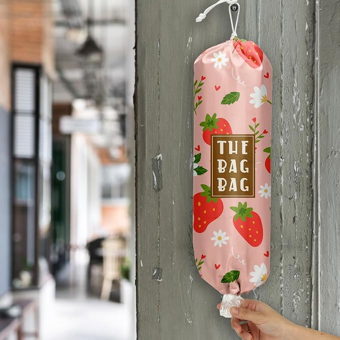Plastic Bag Holder,Reusable And Washable Country Style Grocery Bag organizer,For Home Kitchen Travelling Camping Decor, use 1 Pack,Red strawberry Pattern