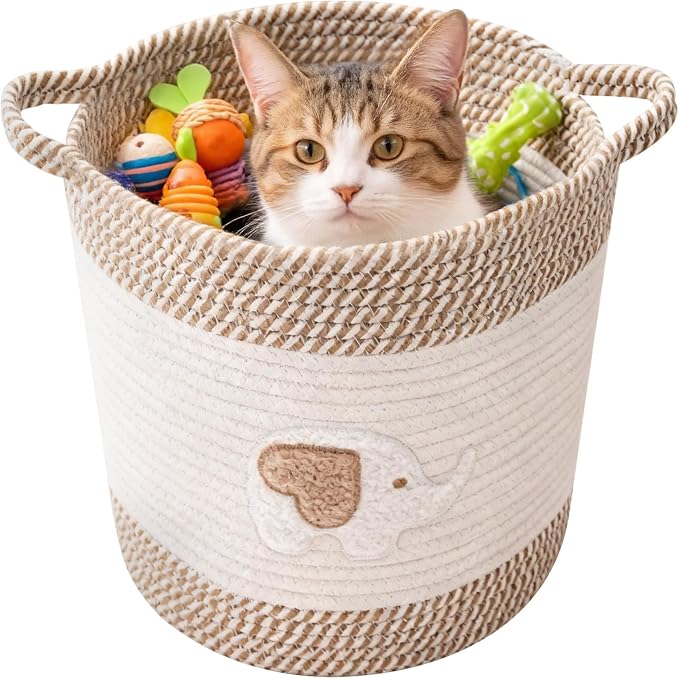 Storage Baskets for Organizing, 11” Woven Cotton Rope Storage Bin for Kids Dog Toy Organizer Clothes Hamper for Nursery Laundry, Blanket Basket for Living Room Decor Toy Basket(Style 1)