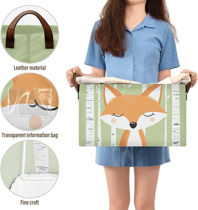 Woodland Cute Cartoon Fox Baby Storage Basket with Labels&Handles Forest Animal Nursery Storage Bins Collapsible Shelf Organizer Baskets for Kids Books Cloth Gift Basket Toys Laundry, 2 Pack