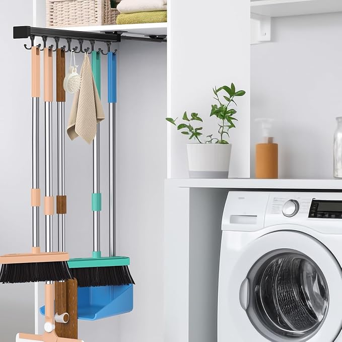 Pull Out Broom Holder With Adjustable Double Row Sliding Hook-Black 16.14in | High Load Capacity, Multifunctional Slide Broom And Mop Storage/Garage Organization Hooks, for Closet Laundry, kitchens