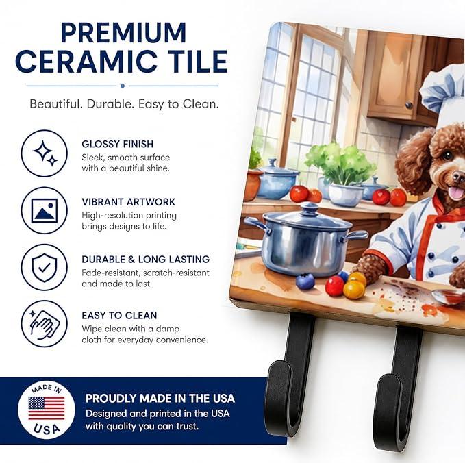 Caroline's Treasures Chocolate Poodle The Chef Leash or Key Holder Wall Hooks, Key Hooks Holder, Coat Rack Wall Mount, Coat Hooks, Hooks for Hanging Keys, Towels, Aprons, Leashes | Chocolate Poodle The Chef artwork on ceramic tile with three steel hook...