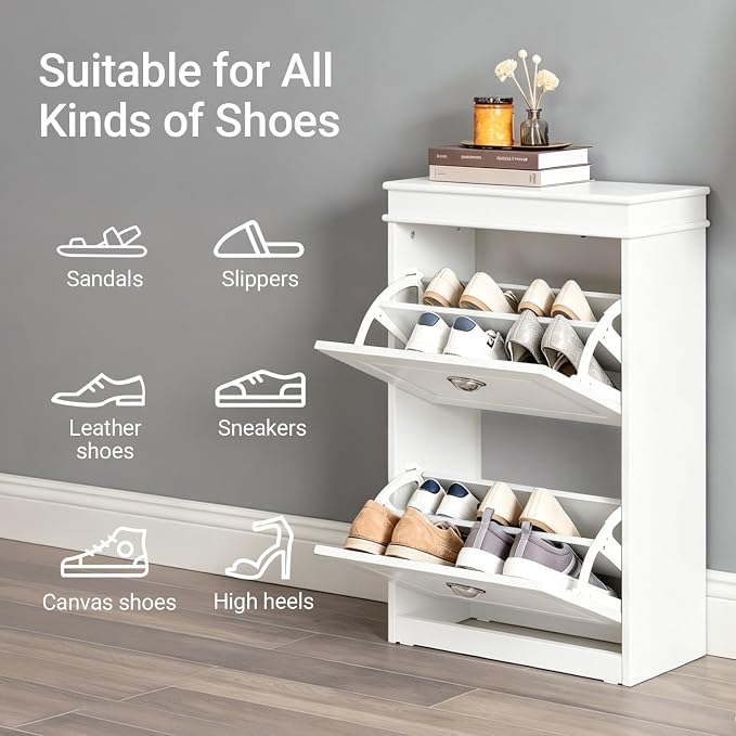 Haotian Small Shoe Cabinet | Two Flip Drawers Freestanding Shoe Rack, Shoe Storage Cupboard Organizer, FSR78-W