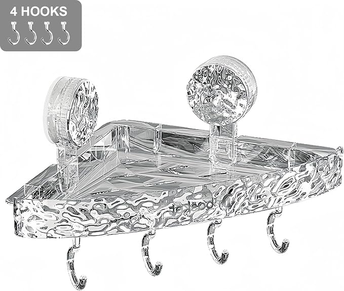 Corner Shower Caddy Suction Cup, Wall Mounted Suction Shower Rack Organizer, No Drilling Shower Shelf, Clear Basket with 4 Movable Hooks, Bathroom Storage Rack (clear, 90°corner)