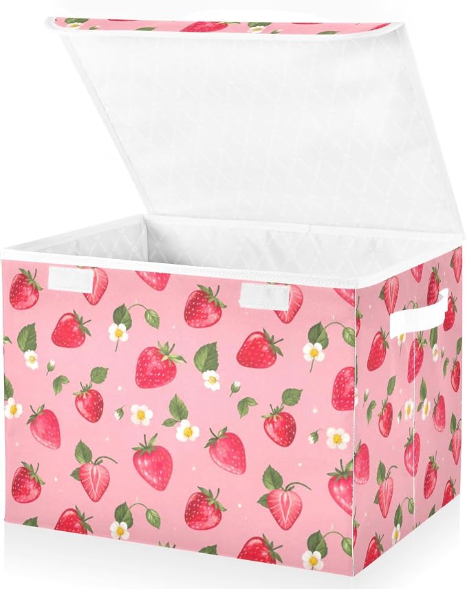 Storage Bins with Lid Strawberry Daisy Foldable Storage Boxes 40L Baskets | Decorative Storage Boxes, 300D Oxford Cloth, Hollow Board Frame, Flip Top Velcro Lid, 16.5x12.6x11.8 inch, Collapsible Design