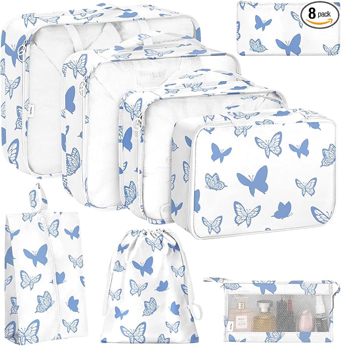 KPX 8 Set Packing Cubes for Travel, Luggage Packing Organizers Accessories Large Toiletries Bag for Clothes Shoes Cosmetics (8Set-Butterfly)