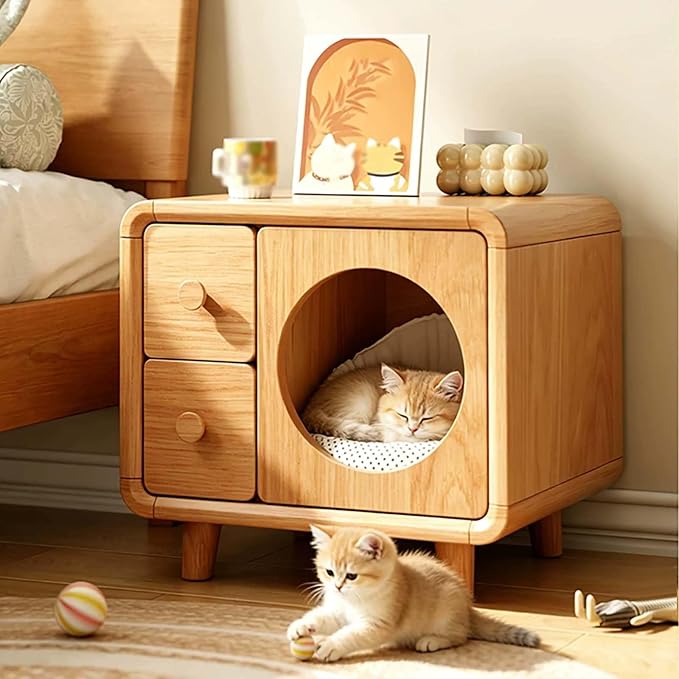 Wooden Nightstand with Cat House, Small Bedside Table with Double Drawers | Home Side Table, Multi-Functional Cat Furniture for Bedroom, Living Room, Corner