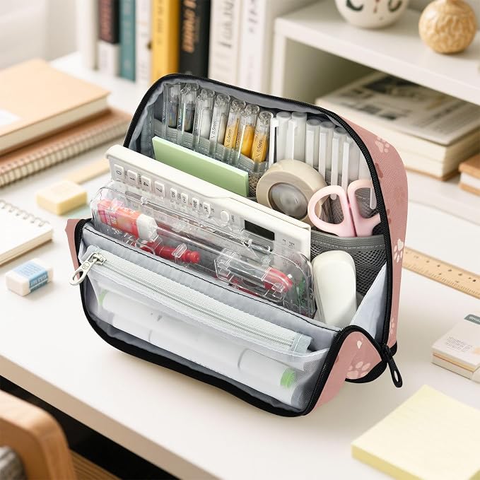 Aslsiy Large Capacity Pencil Case Rose Gold Pet Paws (1) Pencil Pouch for Boys Girls Portable Pen Bag Organizer Standing Makeup Bag for School Office Supplies