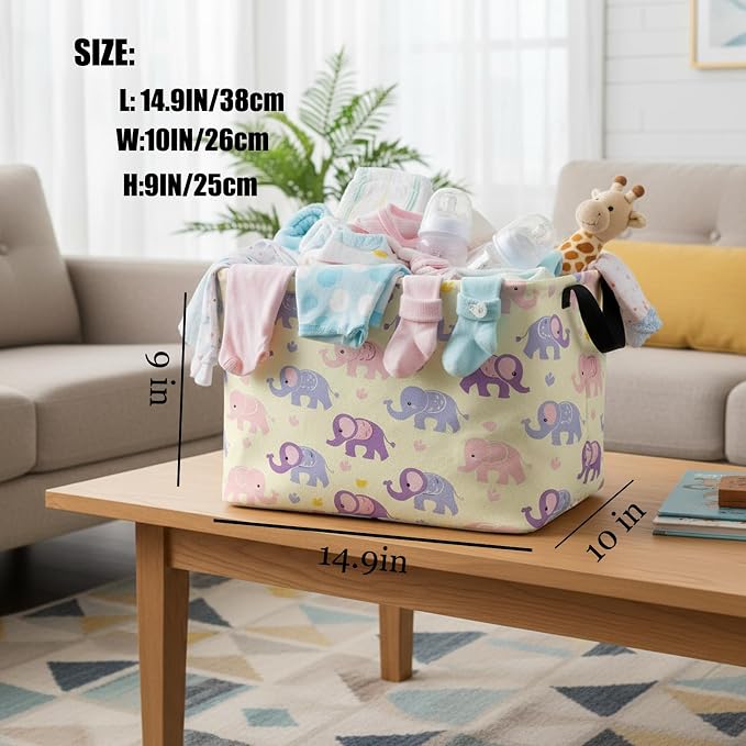 Kid Cute Rectangle Storage Basket Baby Toy Clothes Storage Bin Nursery Playroom Bedroom Decor Basket (Pink&Purple Elephant)