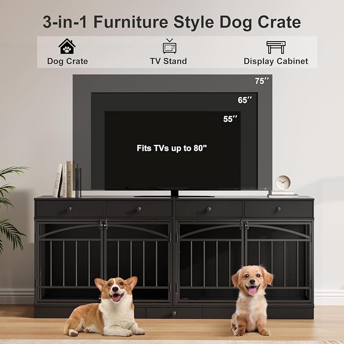 Dog Crate Furniture for 2 Dogs, Double Dog Crate TV Stand, Black | 78.7'' Large Dog Kennel Indoor, 4 Storage Drawers and Feeding Bowls, Pet Kennel for Small and Medium Dogs